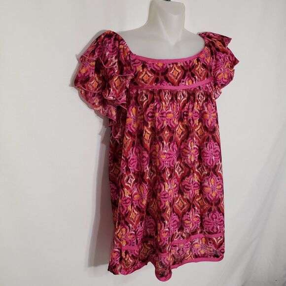 Notations Top Womens Large Floral Pink Orange Pullover Square Neck Short Flutter - Picture 3 of 10